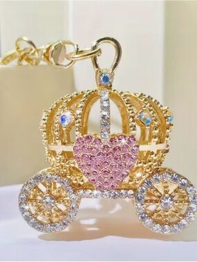 Gold Crown Carriage Charm with Pink Heart Crystals